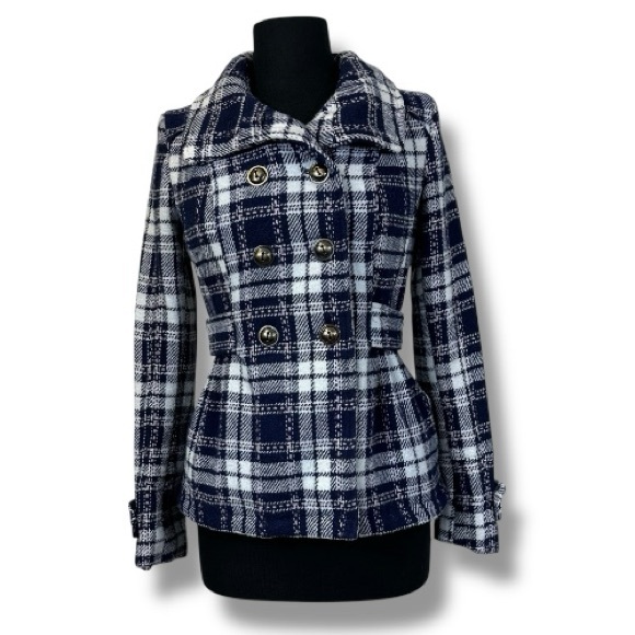 Pink Envelope Navy and White Plaid Double Breasted Pea Coat S - Picture 1 of 12
